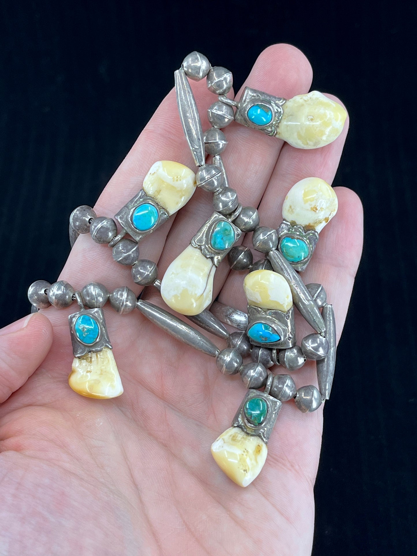 Vintage Navajo Elk Tooth & Turquoise Station Necklace