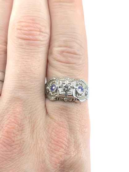 Gent's Vintage Diamond and Enamel Elks Lodge Ring in 14K White Gold