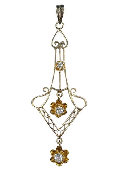 Art Nouveau Era Old Mine Cut Diamond Lavalier Pendant in 14K Gold