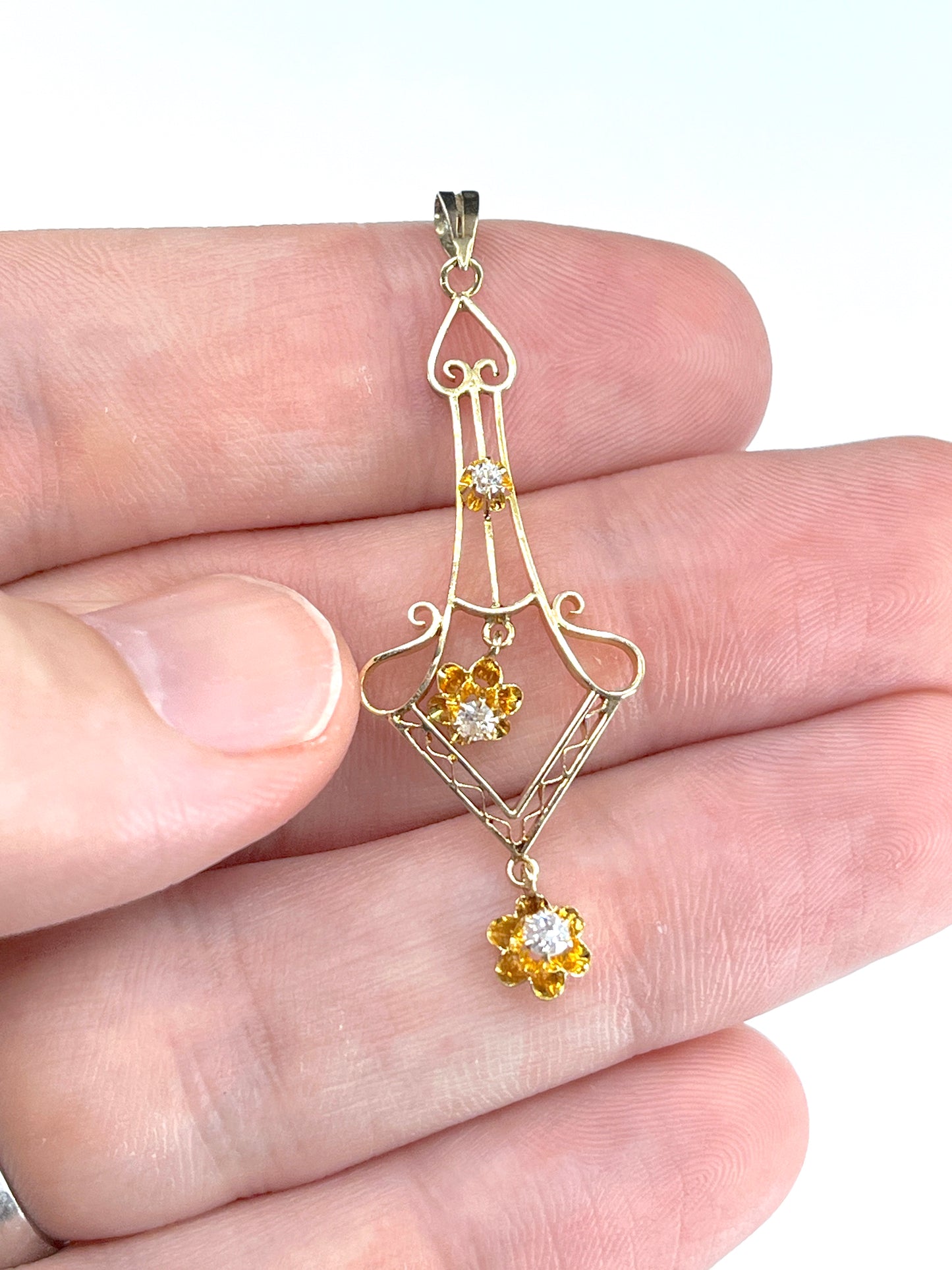 Art Nouveau Era Old Mine Cut Diamond Lavalier Pendant in 14K Gold