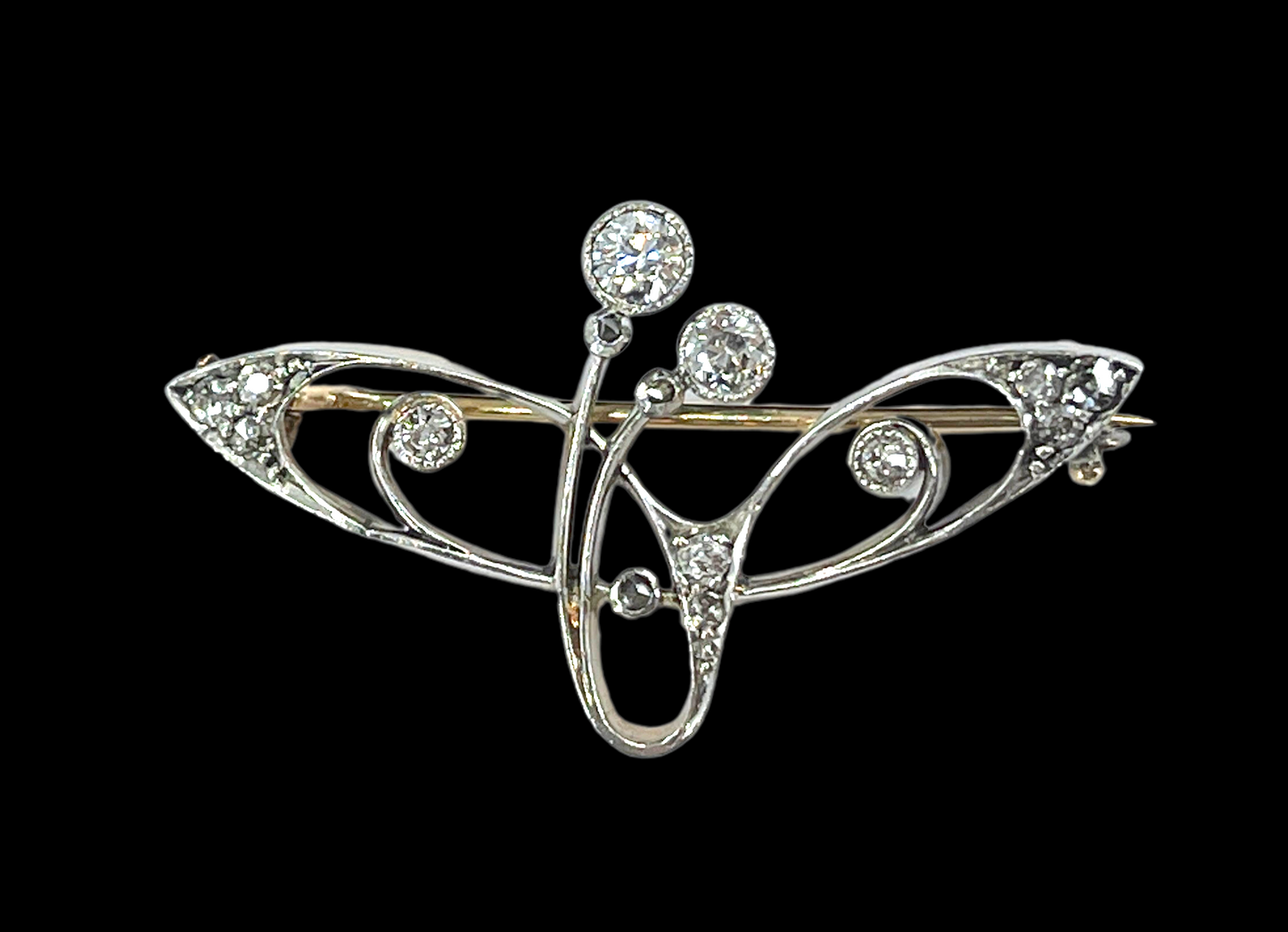 Art Nouveau Era Old Mine Cut Diamond Brooch in Platinum-Topped 14K Gold