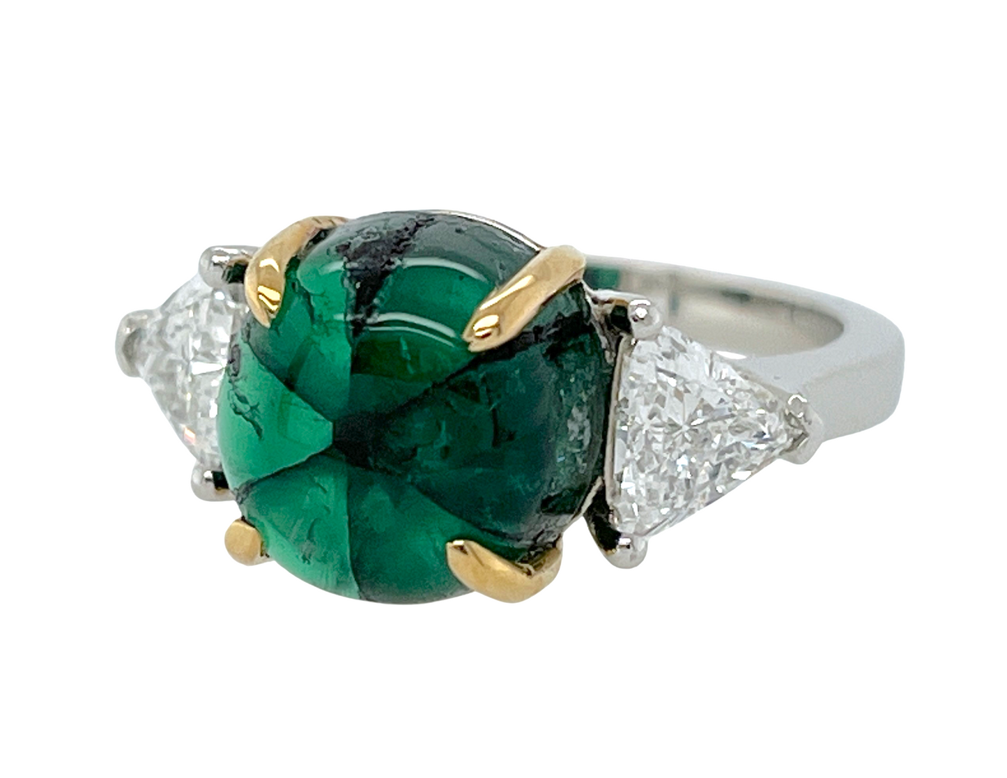 GRS 5.42 ct. Colombian Trapiche Emerald & Trillion Cut Diamond Ring in Platinum & 18K Gold