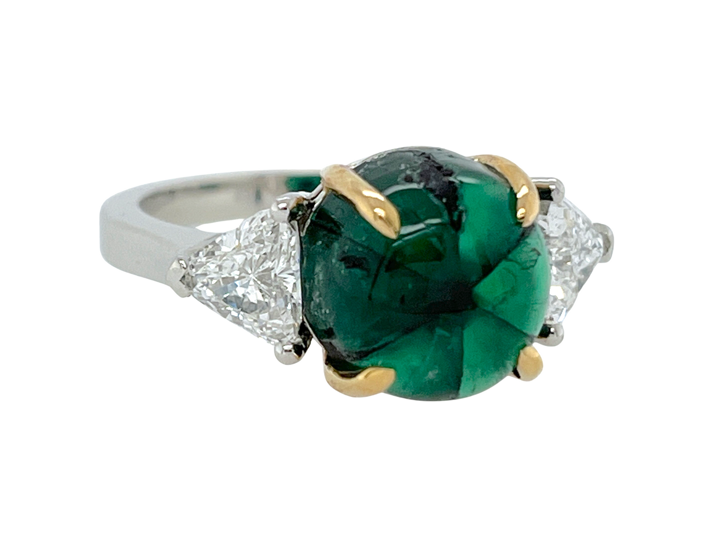 GRS 5.42 ct. Colombian Trapiche Emerald & Trillion Cut Diamond Ring in Platinum & 18K Gold