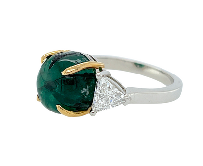 GRS 5.42 ct. Colombian Trapiche Emerald & Trillion Cut Diamond Ring in Platinum & 18K Gold