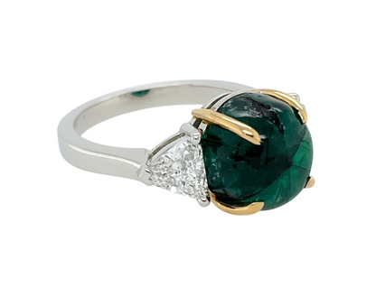 GRS 5.42 ct. Colombian Trapiche Emerald & Trillion Cut Diamond Ring in Platinum & 18K Gold