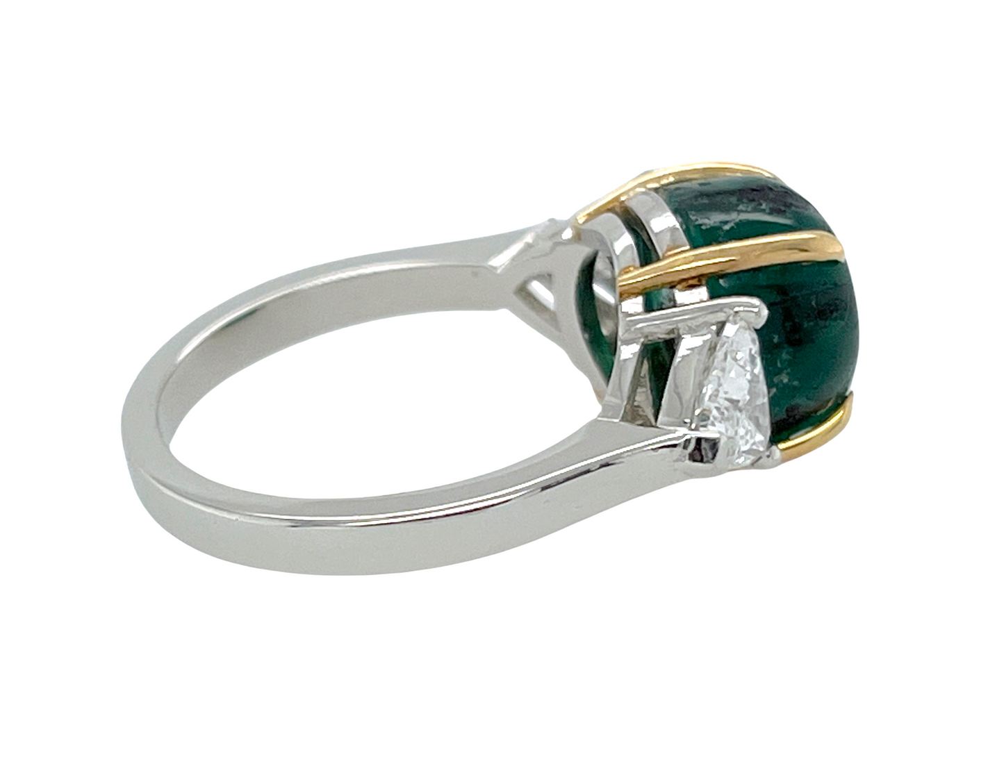 GRS 5.42 ct. Colombian Trapiche Emerald & Trillion Cut Diamond Ring in Platinum & 18K Gold