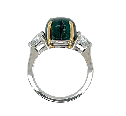 GRS 5.42 ct. Colombian Trapiche Emerald & Trillion Cut Diamond Ring in Platinum & 18K Gold