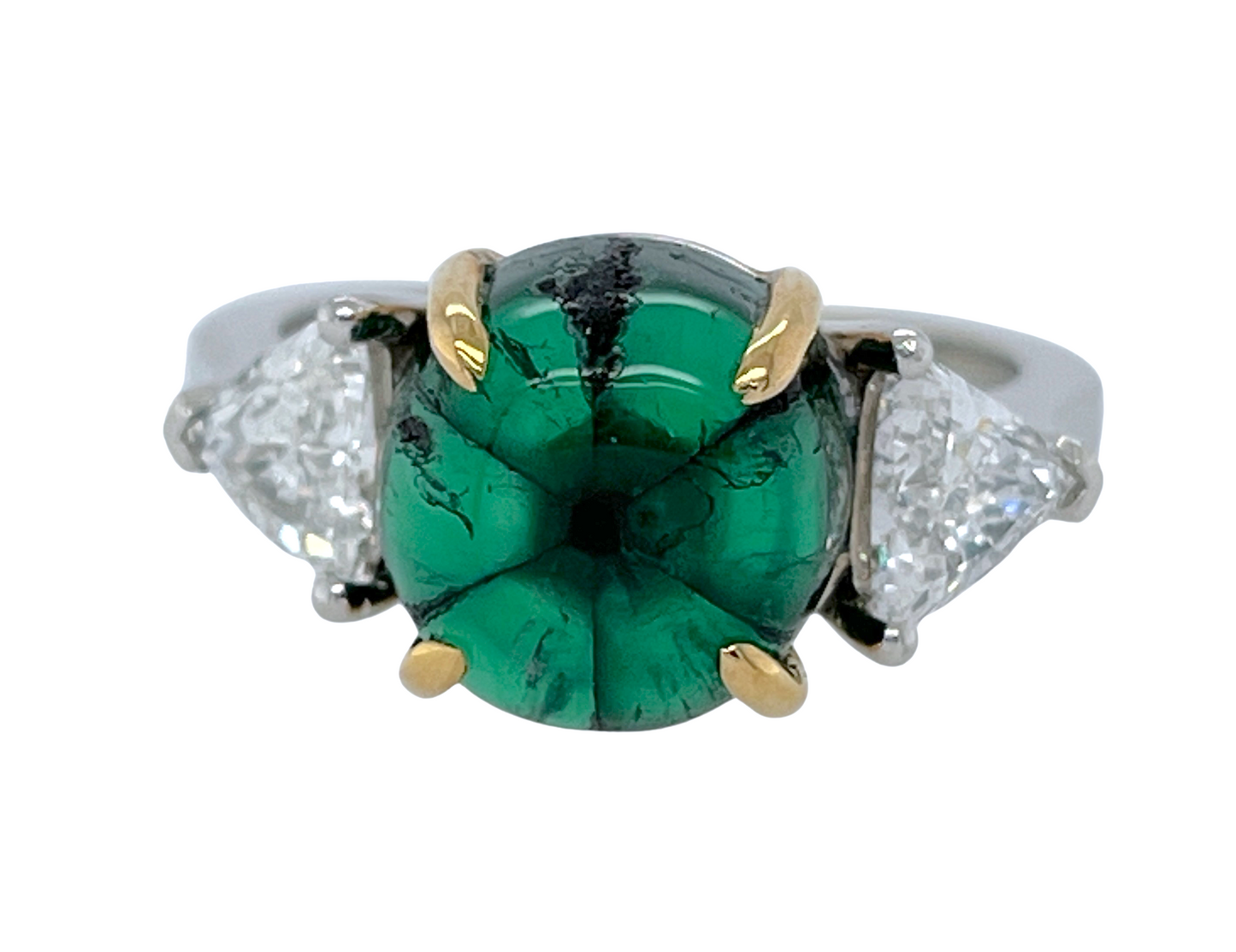 GRS 5.42 ct. Colombian Trapiche Emerald & Trillion Cut Diamond Ring in Platinum & 18K Gold