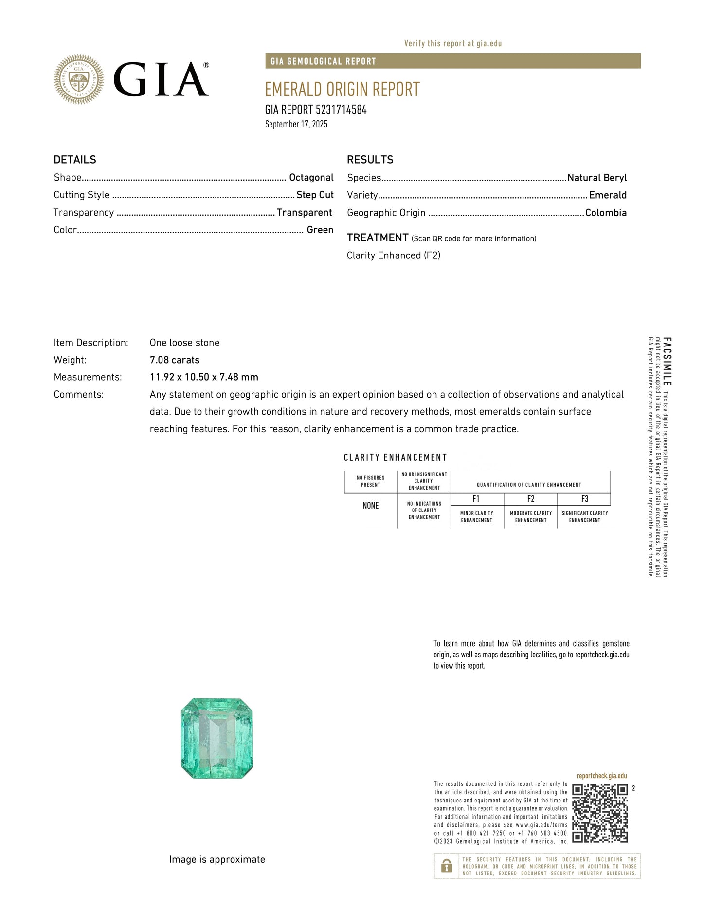 GIA 7.08 ct. Light Green Colombian Emerald