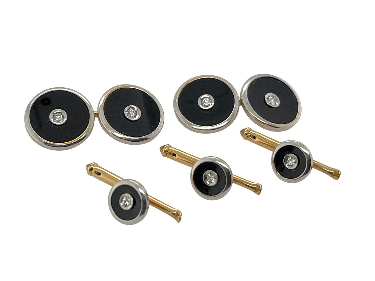 Art Deco Era Onyx, Diamond, 14K Gold & Platinum 5-Piece Cufflinks & Shirt Studs Set