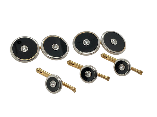 Art Deco Era Onyx, Diamond, 14K Gold & Platinum 5-Piece Cufflinks & Shirt Studs Set