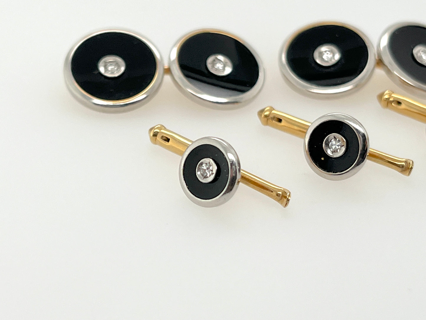 Art Deco Era Onyx, Diamond, 14K Gold & Platinum 5-Piece Cufflinks & Shirt Studs Set