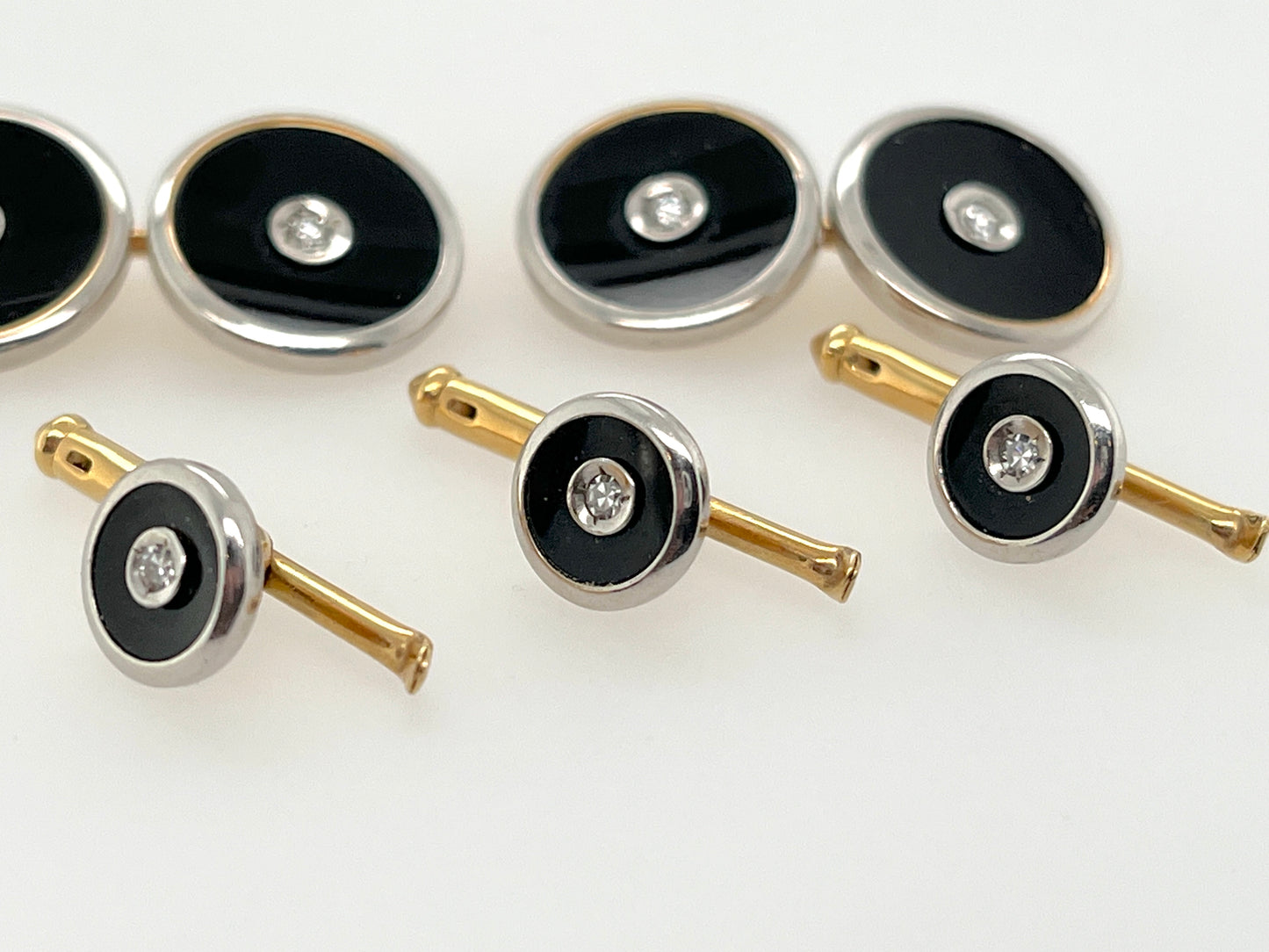 Art Deco Era Onyx, Diamond, 14K Gold & Platinum 5-Piece Cufflinks & Shirt Studs Set