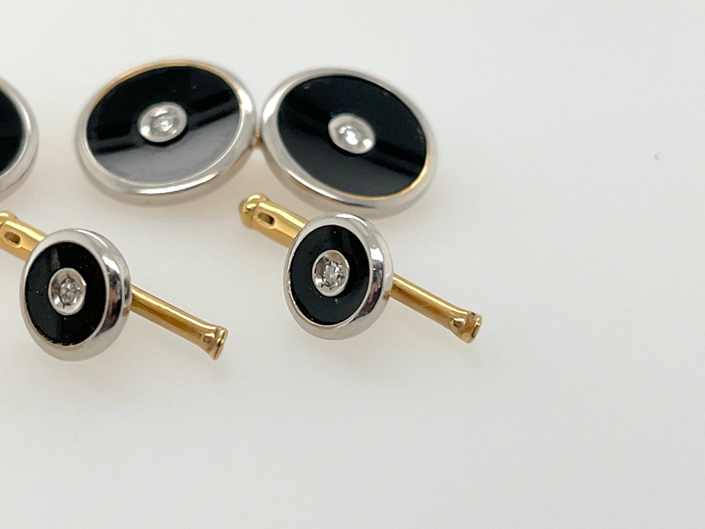 Art Deco Era Onyx, Diamond, 14K Gold & Platinum 5-Piece Cufflinks & Shirt Studs Set