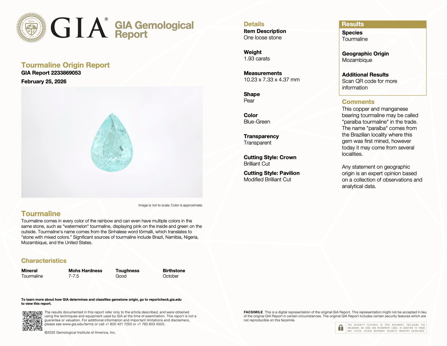 GIA 1.93 ct. Paraiba Tourmaline