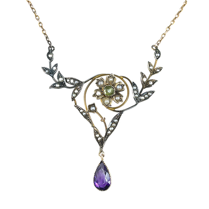 Art Nouveau Era Amethyst, Pearl & Peridot Suffragette Necklace in 9K Gold