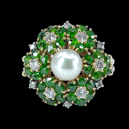 Mid Century Cultured Pearl, Demantoid & Diamond Ring in 18K Gold