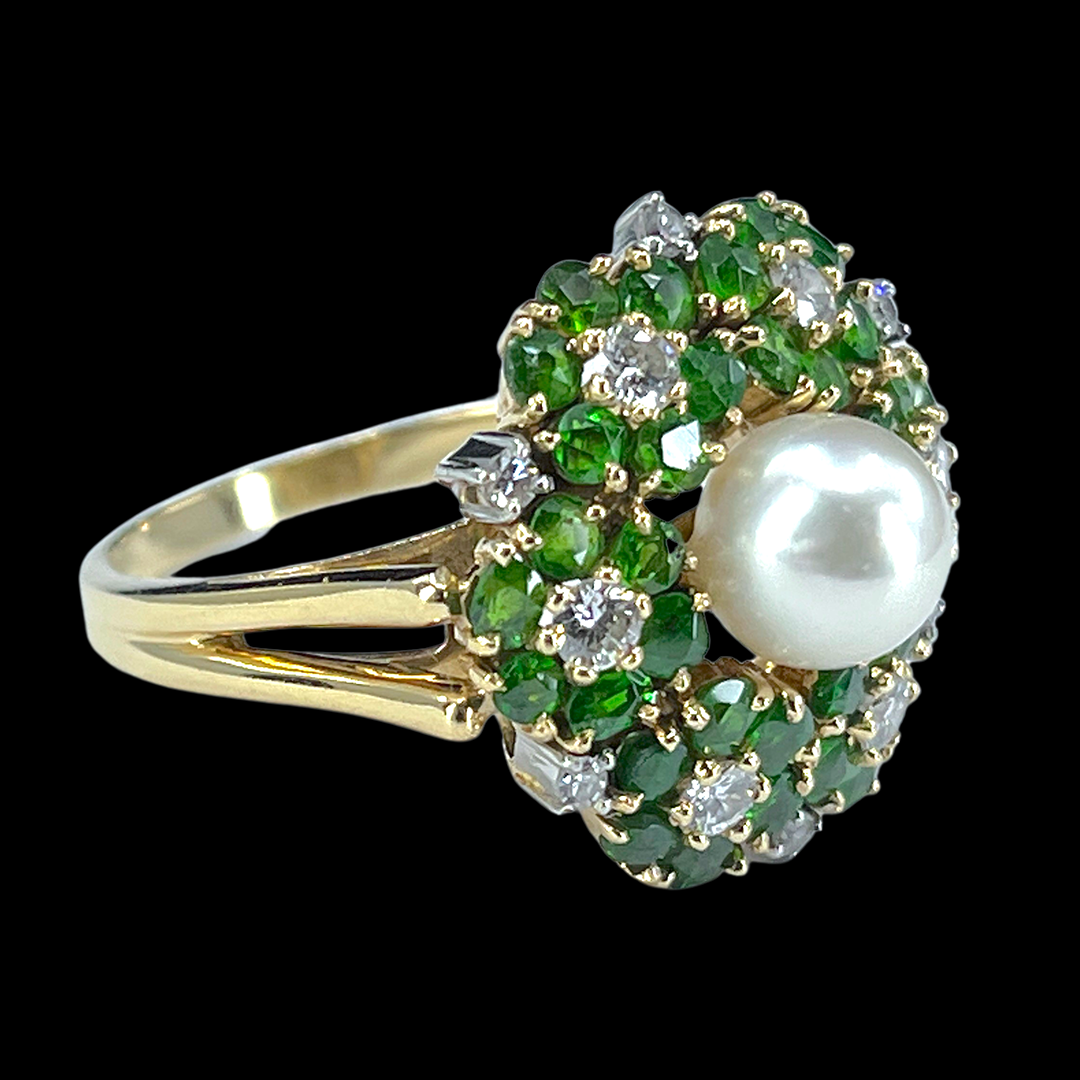 Mid Century Cultured Pearl, Demantoid & Diamond Ring in 18K Gold