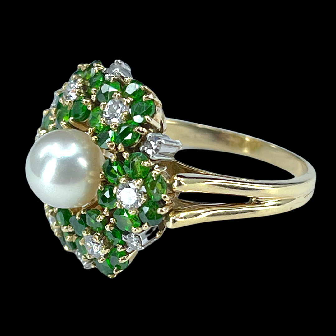 Mid Century Cultured Pearl, Demantoid & Diamond Ring in 18K Gold