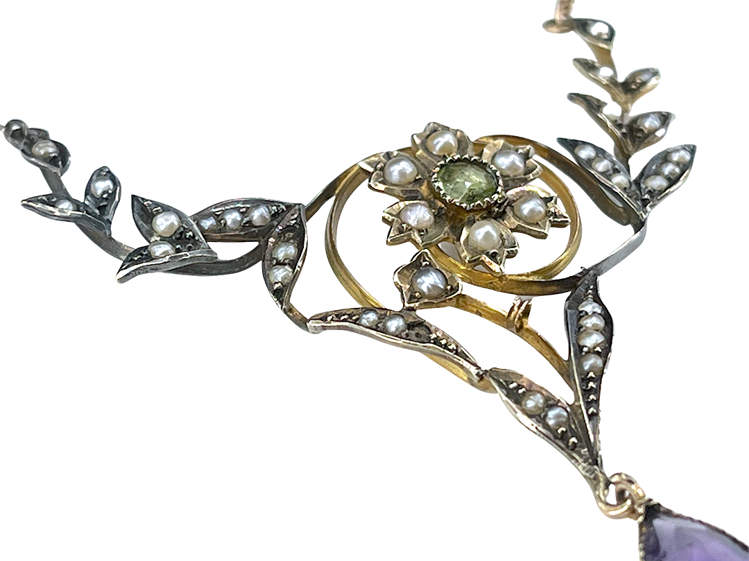 Art Nouveau Era Amethyst, Pearl & Peridot Suffragette Necklace in 9K Gold