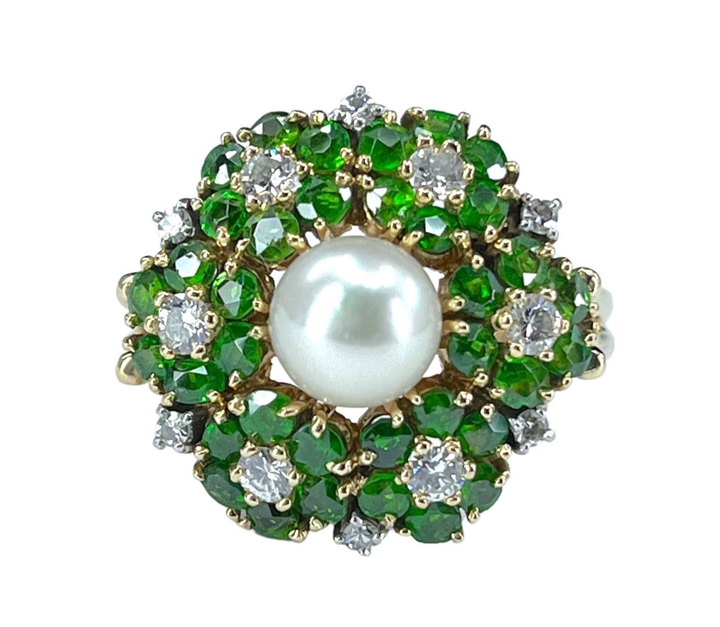 Mid Century Cultured Pearl, Demantoid & Diamond Ring in 18K Gold