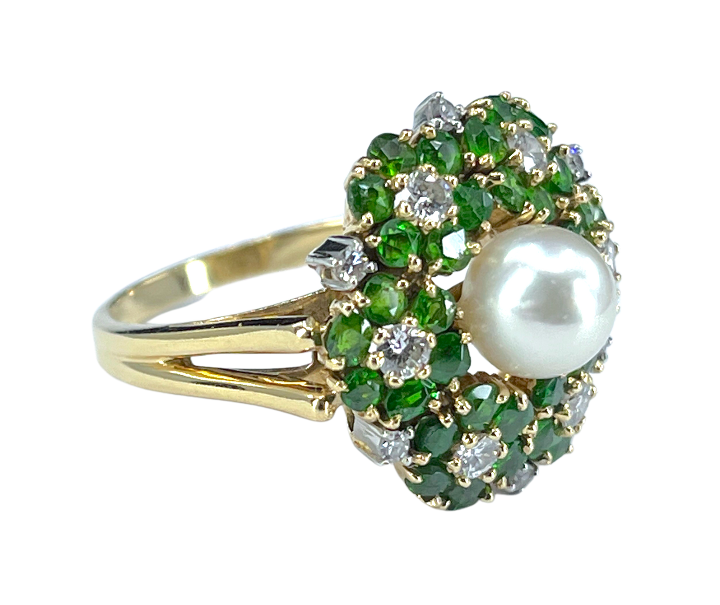 Mid Century Cultured Pearl, Demantoid & Diamond Ring in 18K Gold