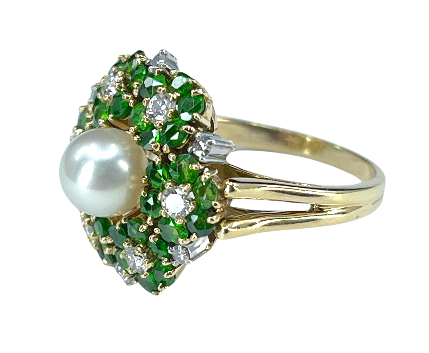 Mid Century Cultured Pearl, Demantoid & Diamond Ring in 18K Gold