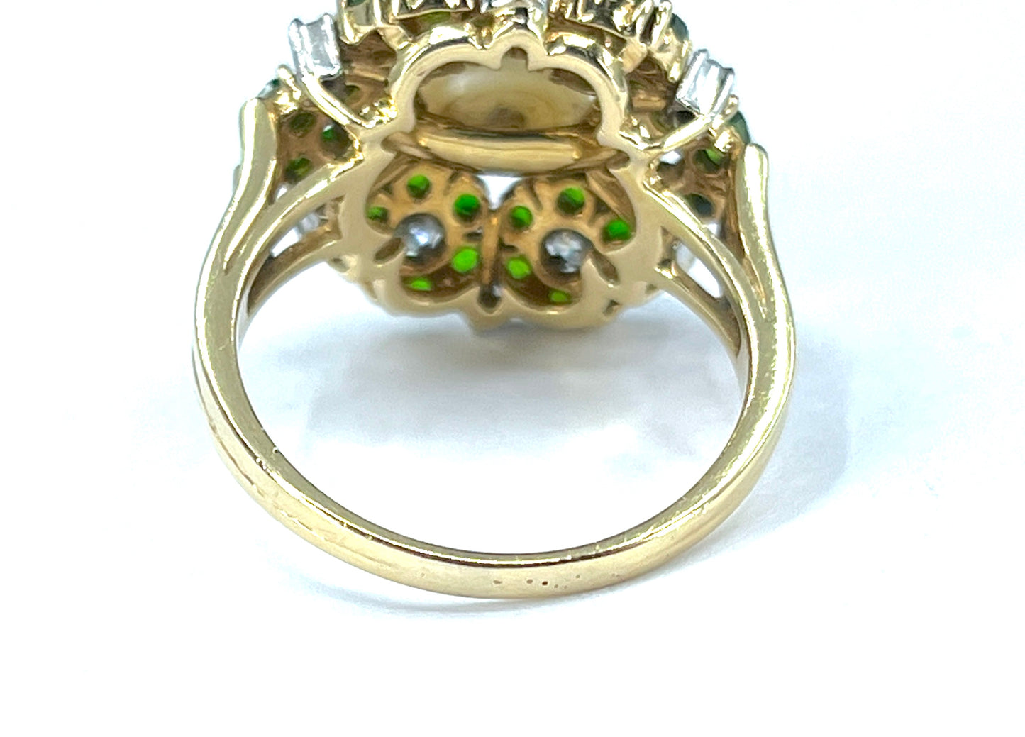 Mid Century Cultured Pearl, Demantoid & Diamond Ring in 18K Gold