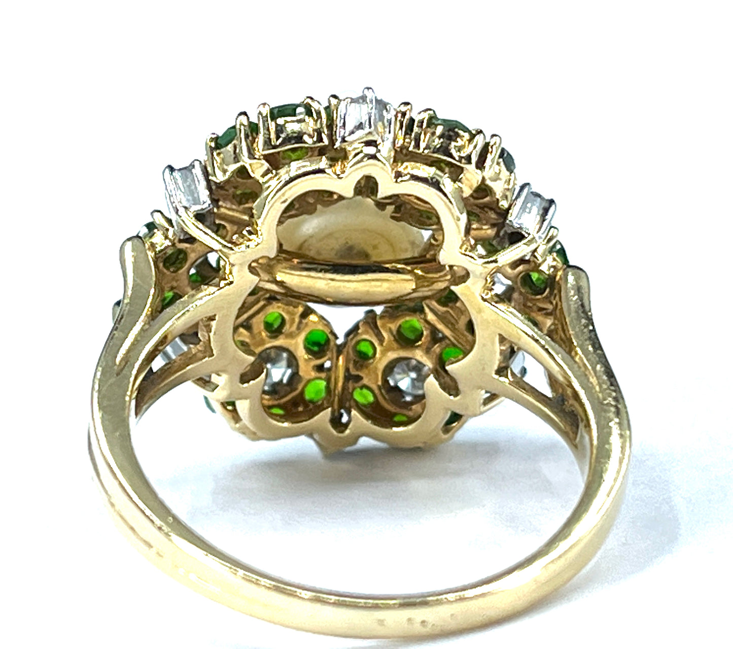 Mid Century Cultured Pearl, Demantoid & Diamond Ring in 18K Gold