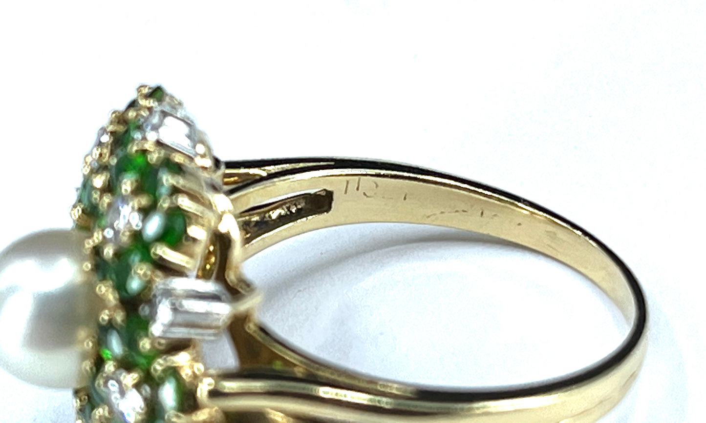 Mid Century Cultured Pearl, Demantoid & Diamond Ring in 18K Gold