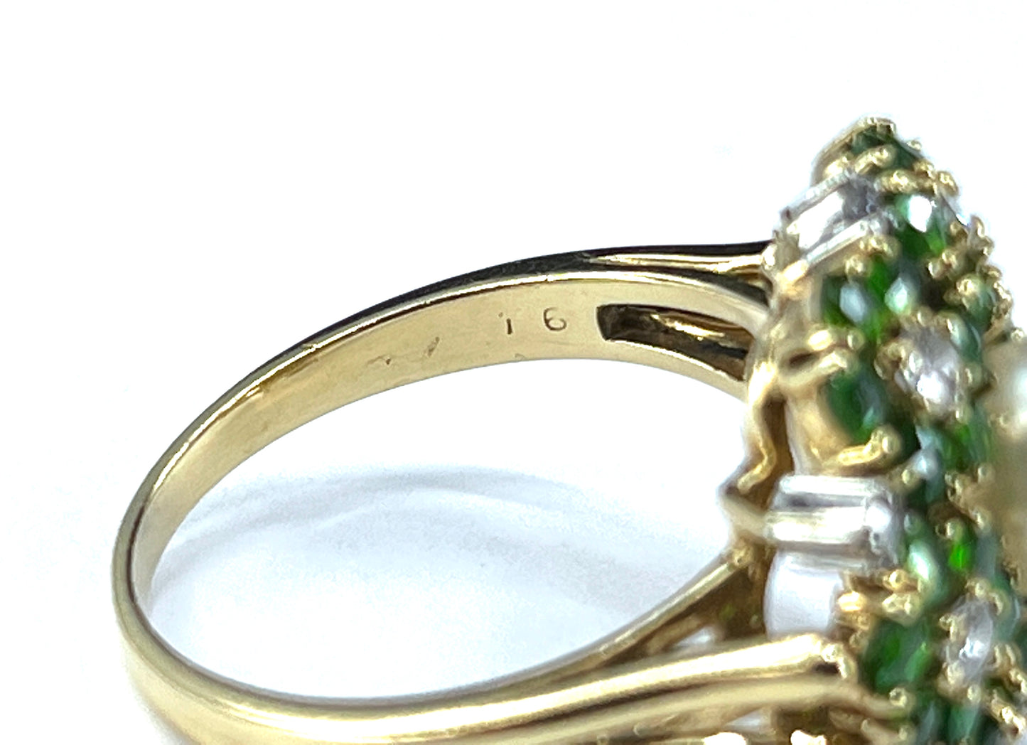 Mid Century Cultured Pearl, Demantoid & Diamond Ring in 18K Gold