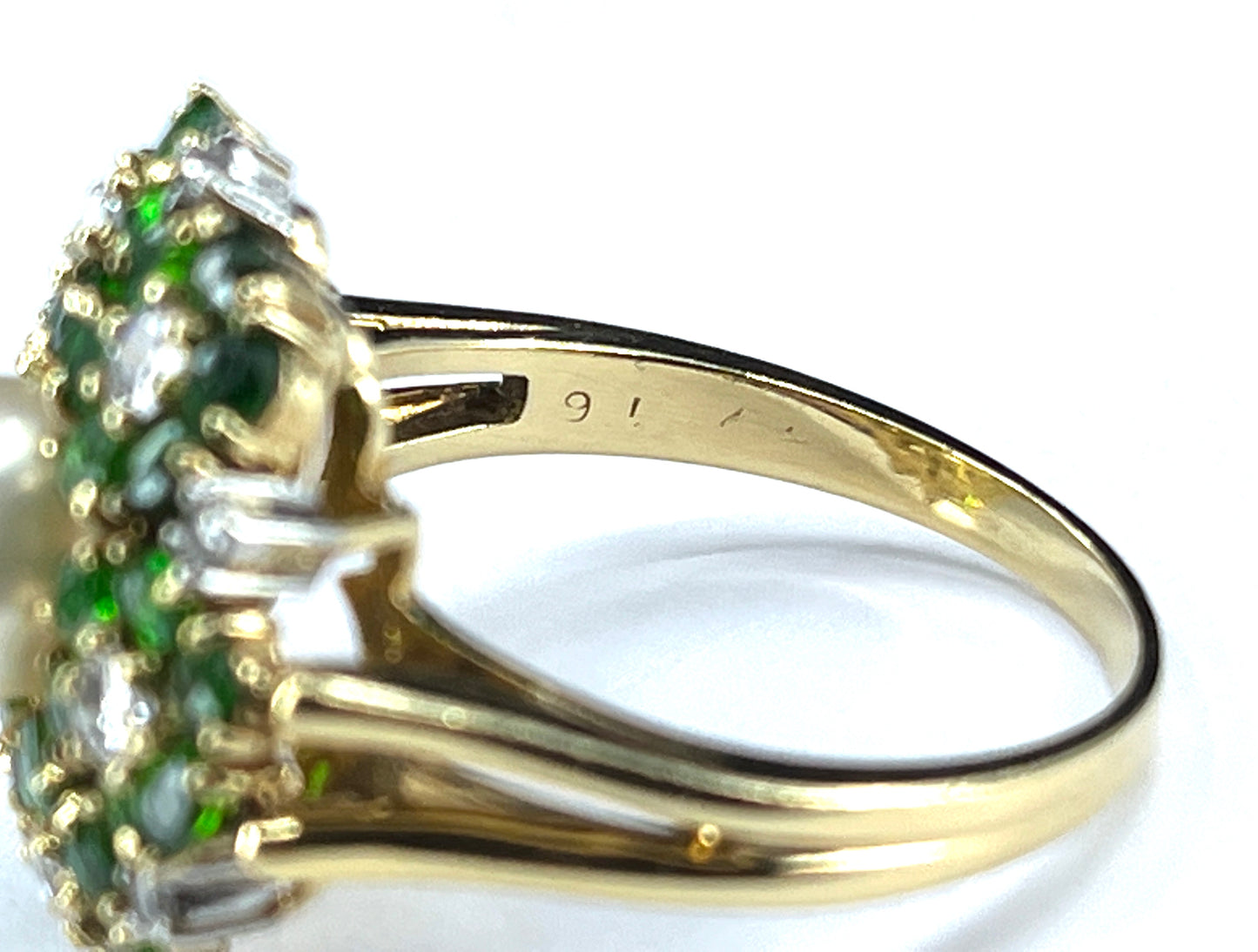 Mid Century Cultured Pearl, Demantoid & Diamond Ring in 18K Gold