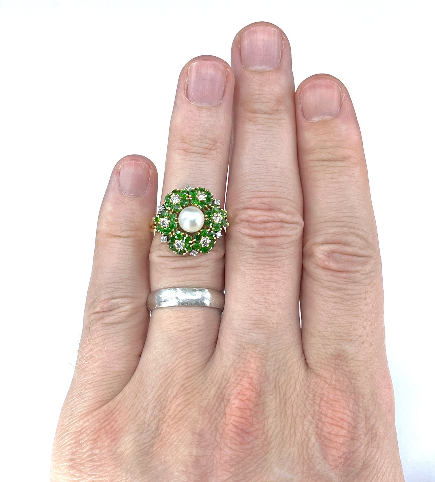 Mid Century Cultured Pearl, Demantoid & Diamond Ring in 18K Gold