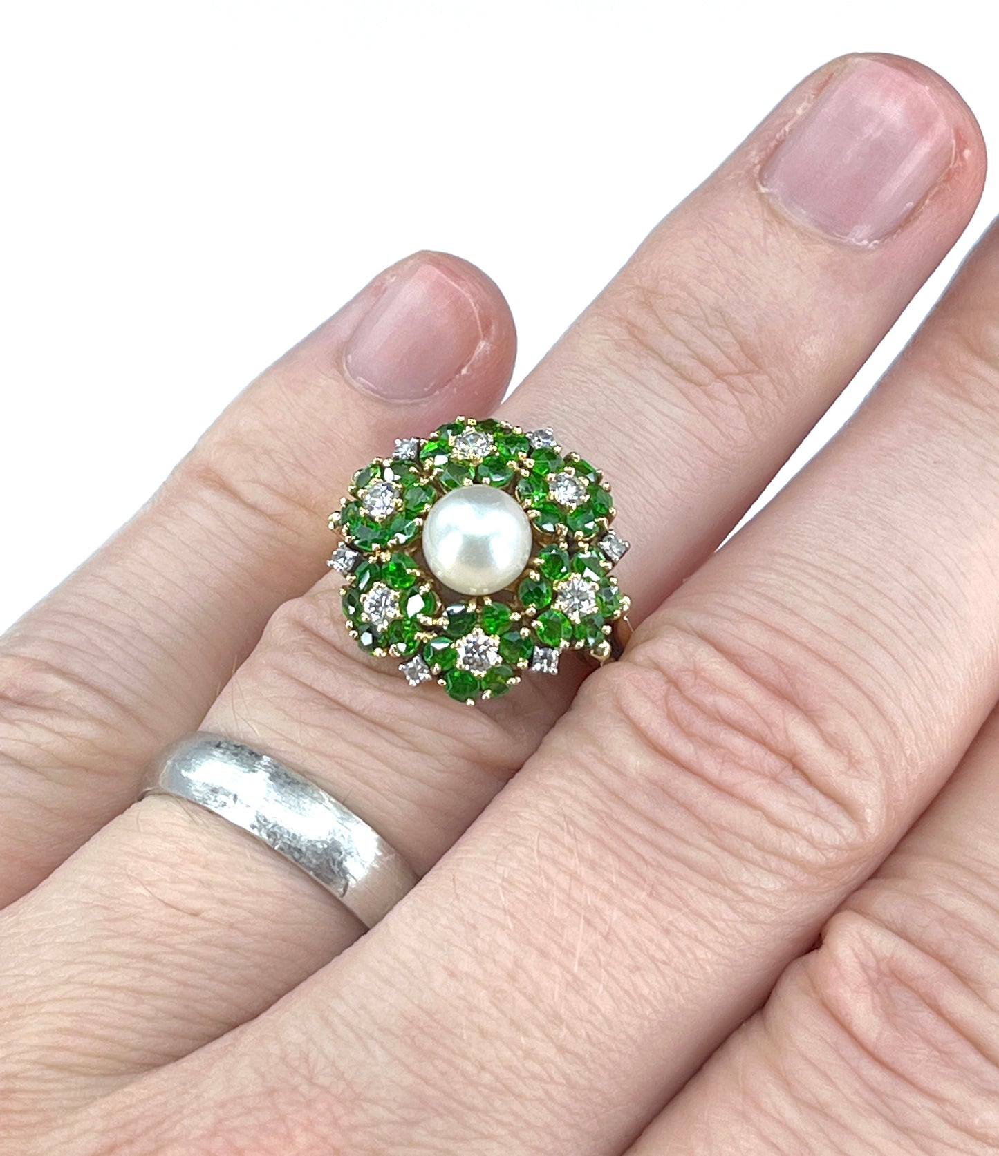 Mid Century Cultured Pearl, Demantoid & Diamond Ring in 18K Gold