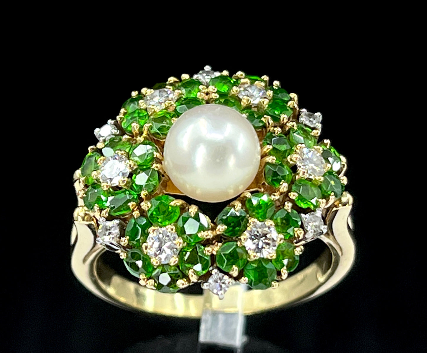 Mid Century Cultured Pearl, Demantoid & Diamond Ring in 18K Gold