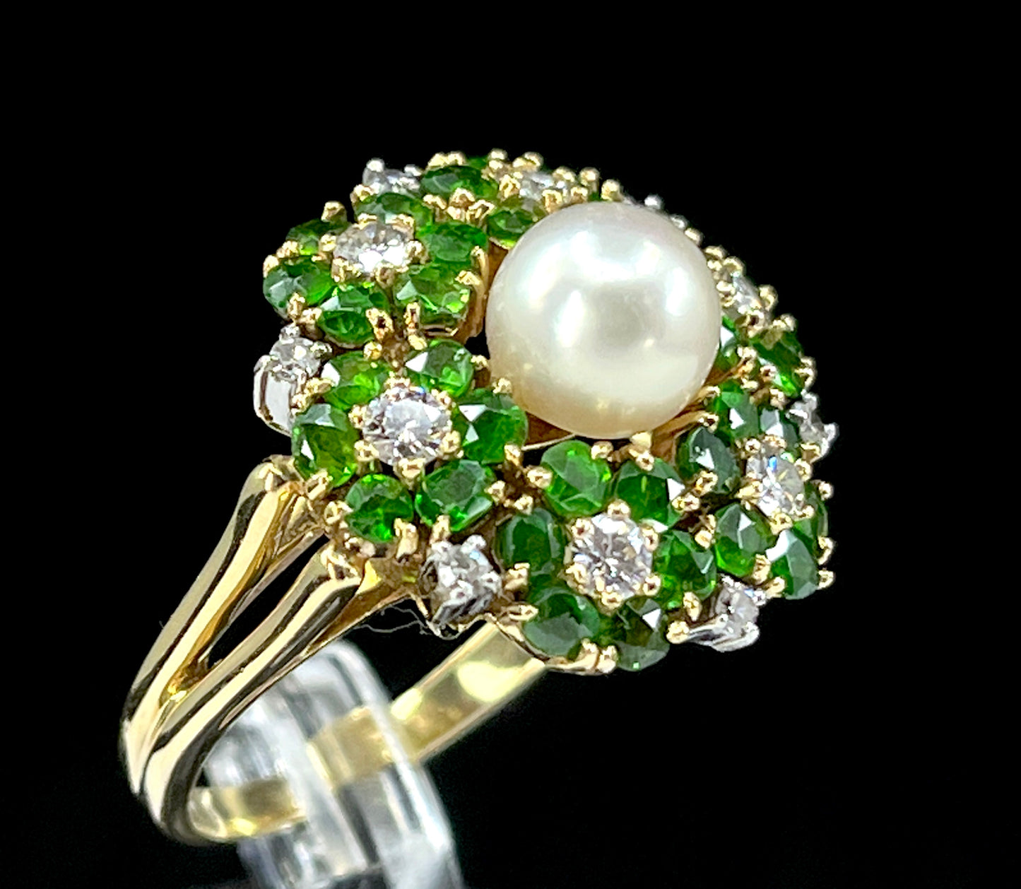 Mid Century Cultured Pearl, Demantoid & Diamond Ring in 18K Gold