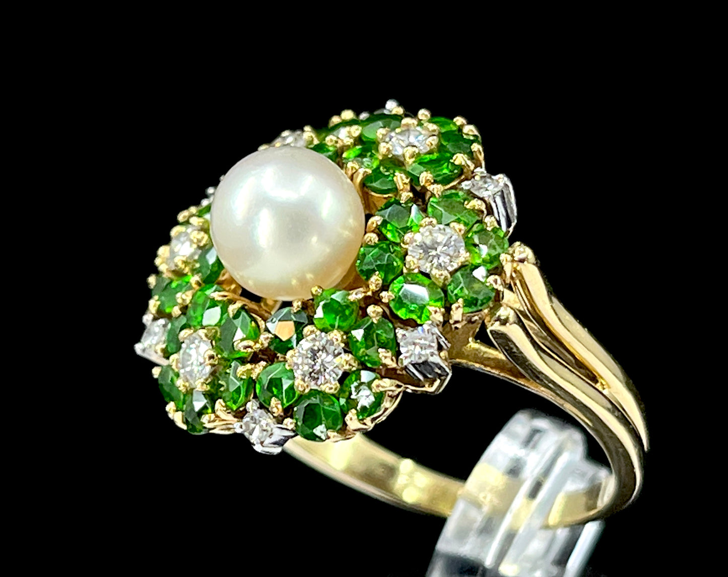 Mid Century Cultured Pearl, Demantoid & Diamond Ring in 18K Gold