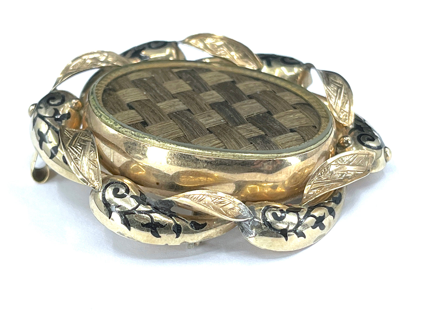 Victorian Era Braided Hair & Black Enamel Mourning Brooch in 9K Gold