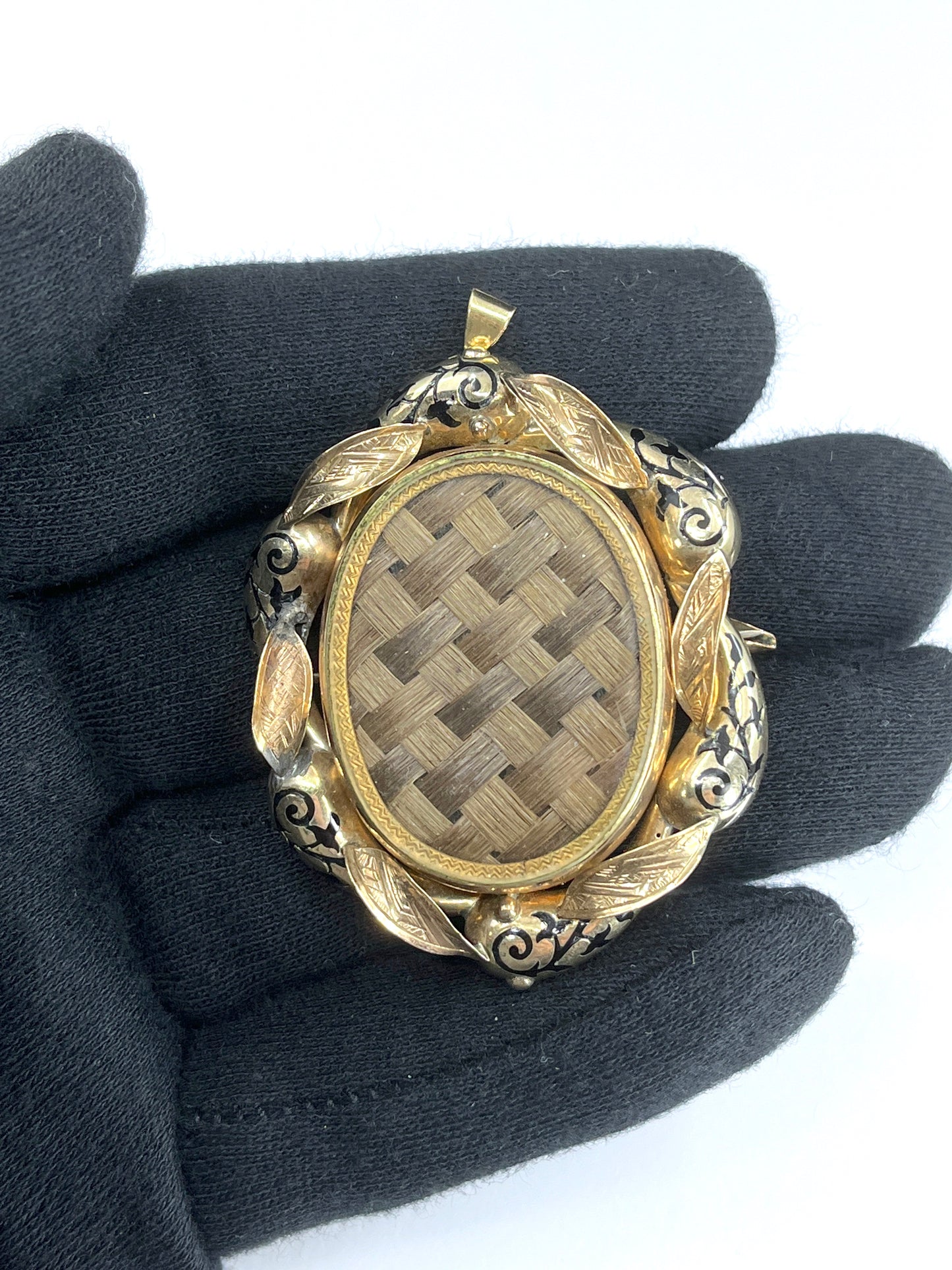 Victorian Era Braided Hair & Black Enamel Mourning Brooch in 9K Gold