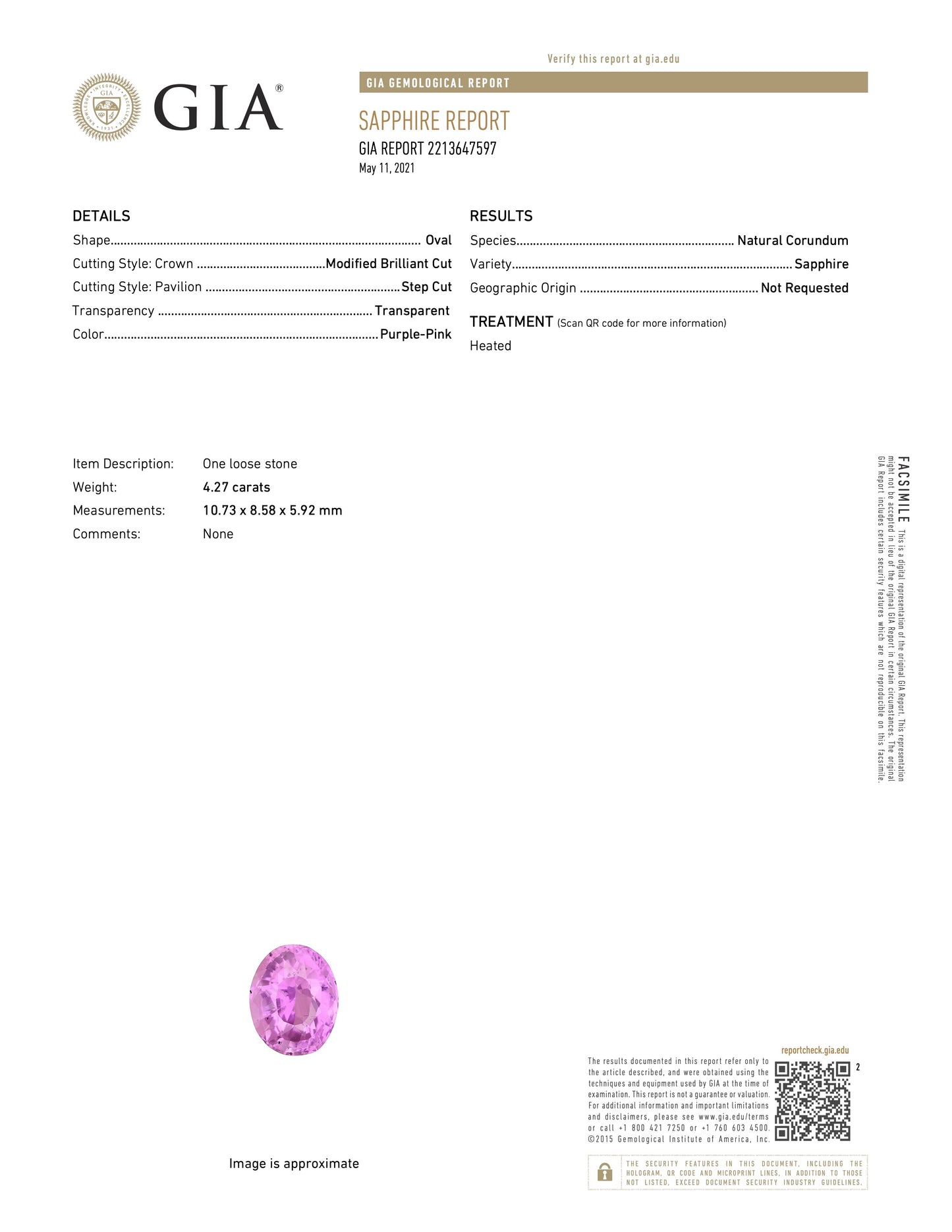 GIA 4.27 ct. Purple-Pink Natural Sapphire
