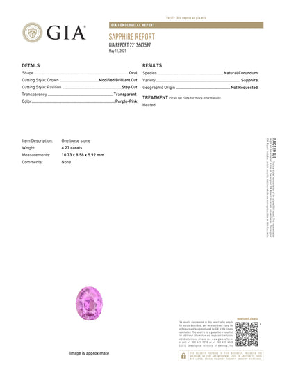 GIA 4.27 ct. Purple-Pink Natural Sapphire