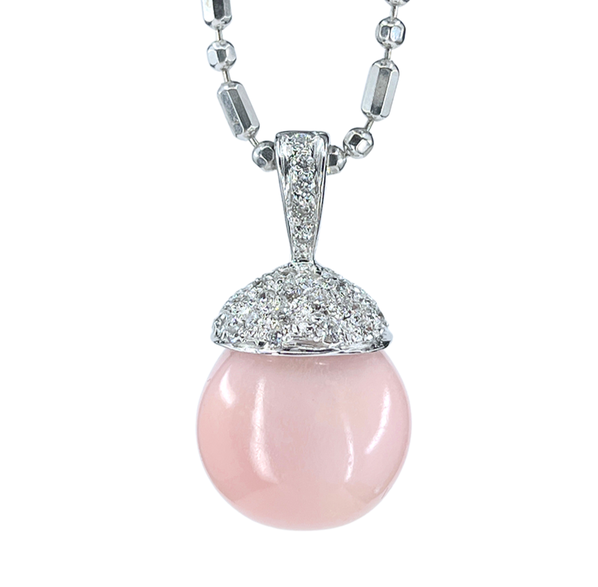 GIA 17.54 ct. Natural Pink Conch Pearl & Diamond Necklace in 18K White Gold