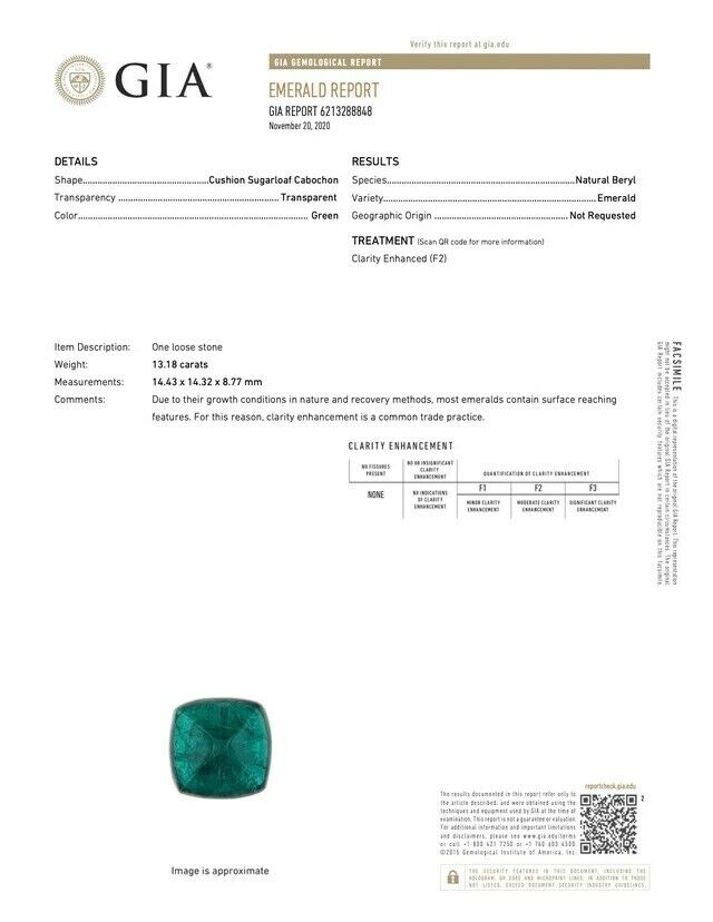 GIA Emerald Report for a 13.18 ct. sugarloaf emerald