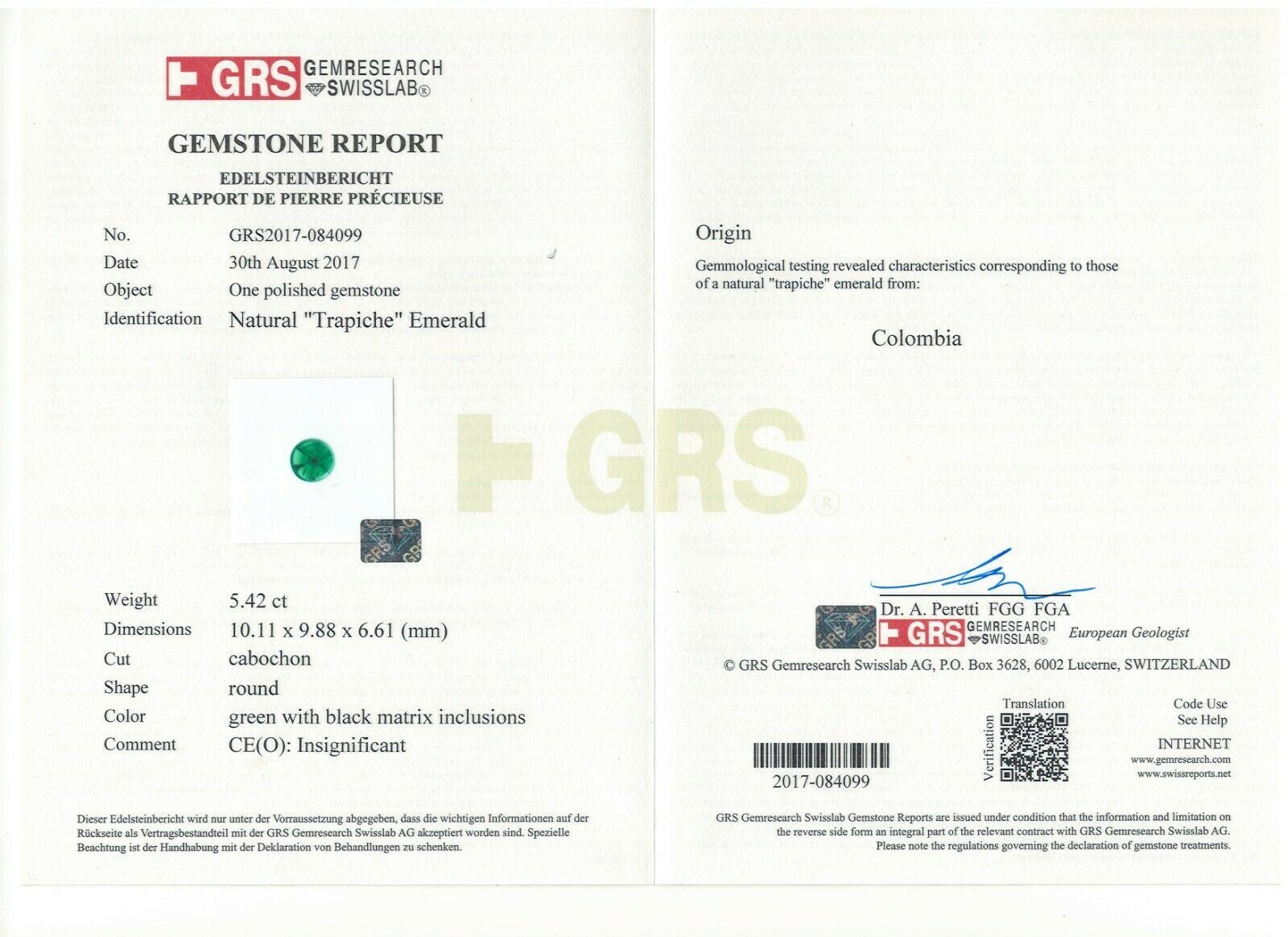 GRS Gemstone Report for a 5.42 ct. natural Colombian trapiche emerald