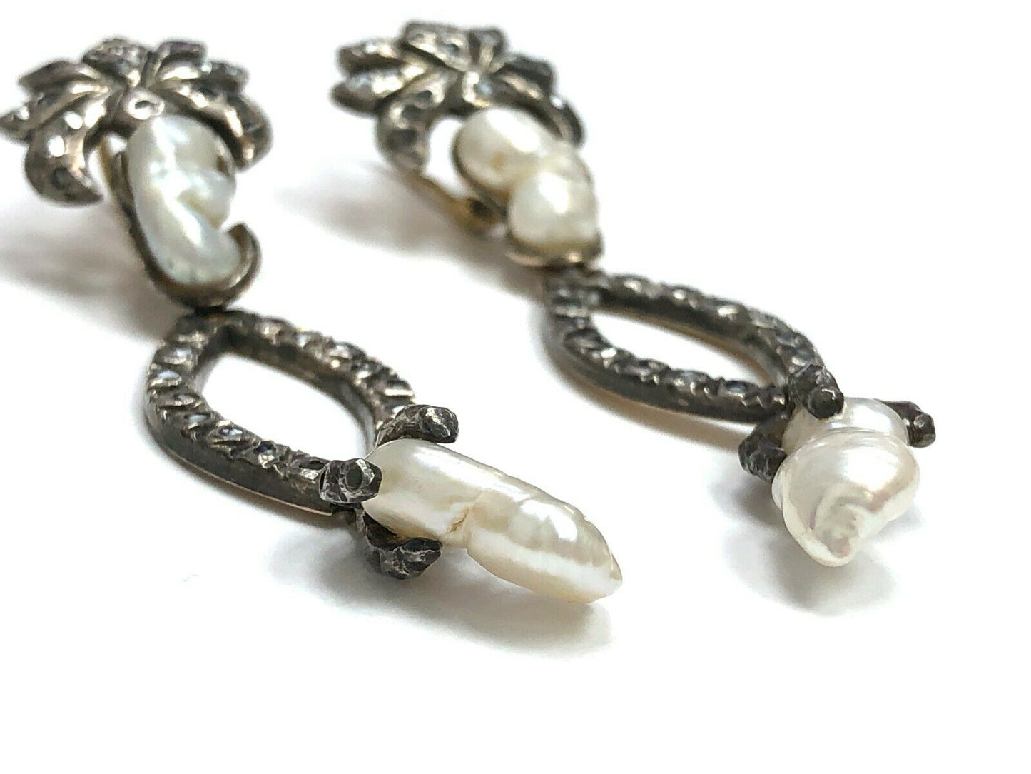 Georgian Era Repro Pearl & Rose Cut Diamond Silver-Topped Gold Ear Pendants