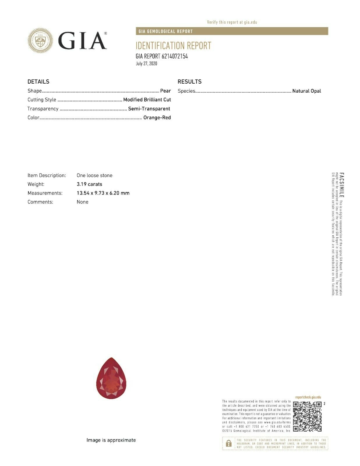 GIA Identification Report for a 3.19 ct. pear shape red fire opal