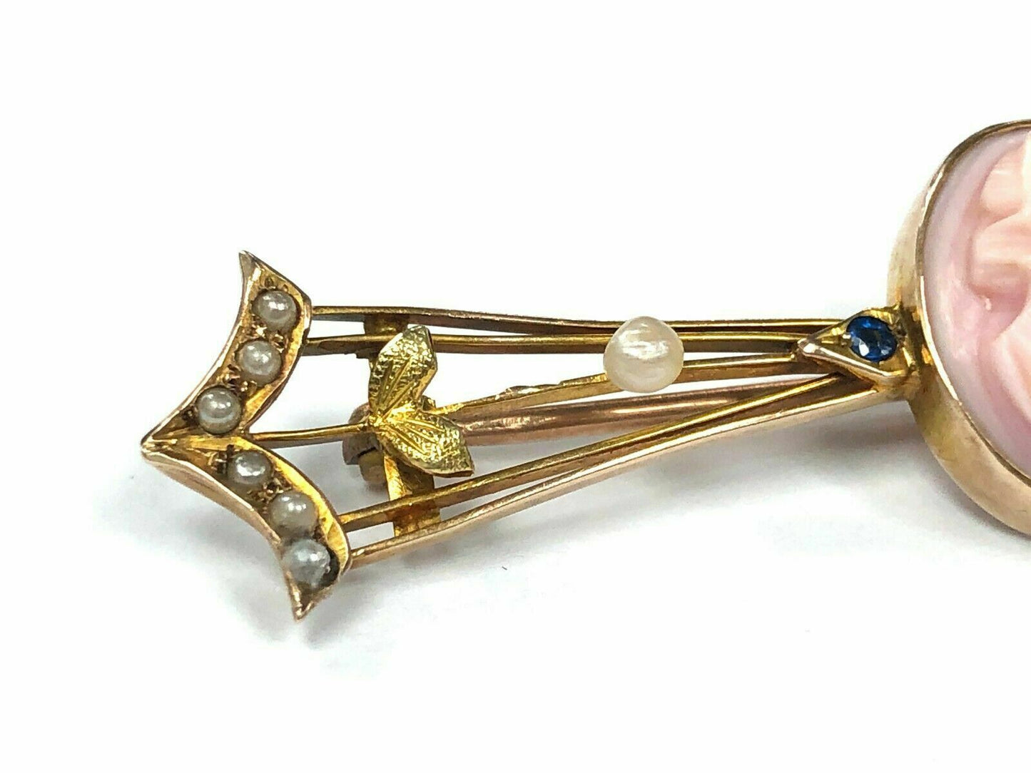 Art Nouveau Era Conch Shell Cameo, Sapphire & Seed Pearl Brooch in 10K Gold