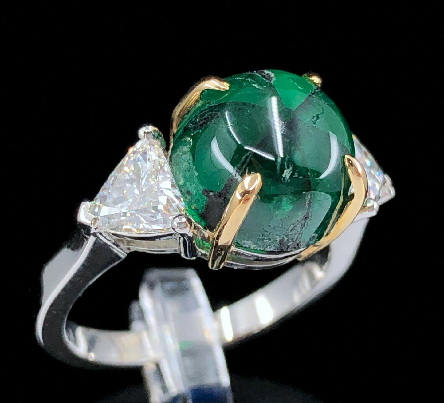 GRS 5.42 ct. Colombian Trapiche Emerald & Trillion Cut Diamond Ring in Platinum & 18K Gold