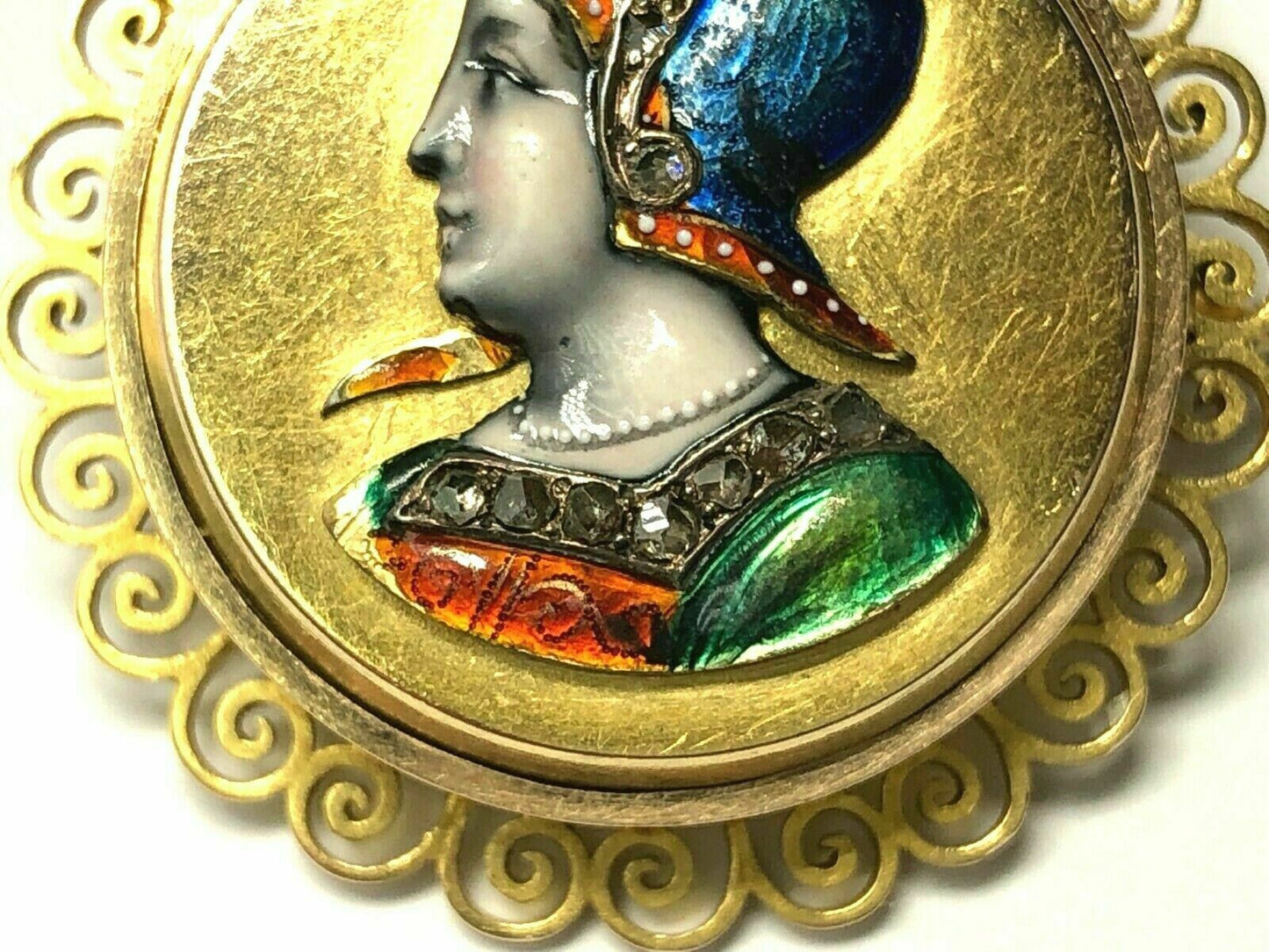 Victorian Era Antique Rose Cut Diamond, Natural Pearl & Enamel Brooch in 18K Gold