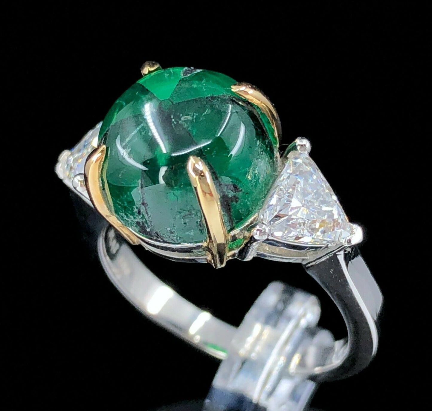 GRS 5.42 ct. Colombian Trapiche Emerald & Trillion Cut Diamond Ring in Platinum & 18K Gold